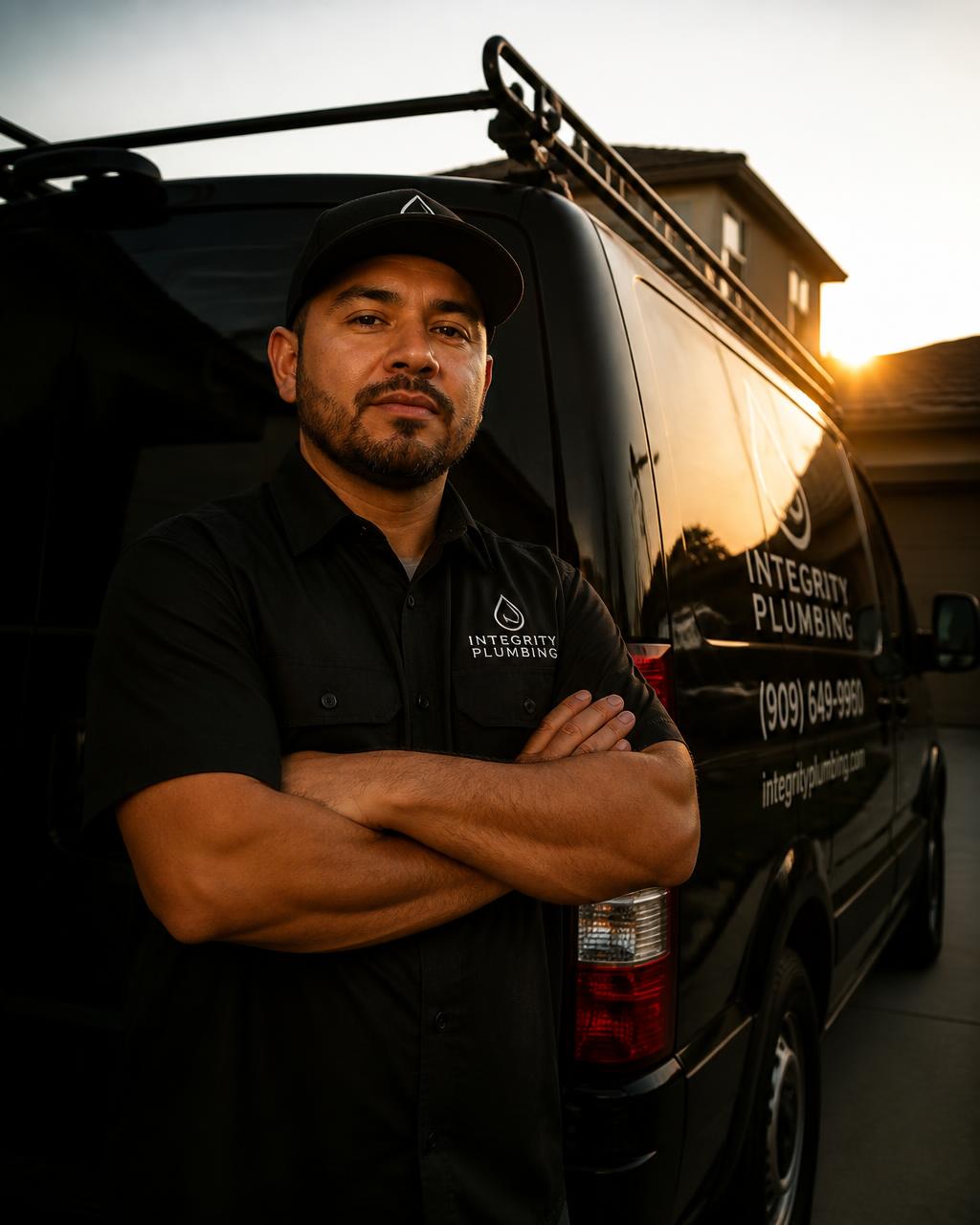 Local service business owner standing in front of his work van at sunset